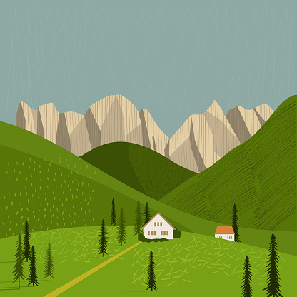 Alps. Houses in the mountains.  Vector illustration.