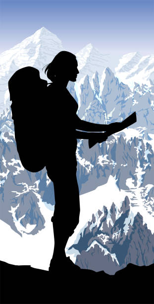 stockillustraties, clipart, cartoons en iconen met berglandschap van de alpen in europa zwitserland en meisje met kaart - adventure woman