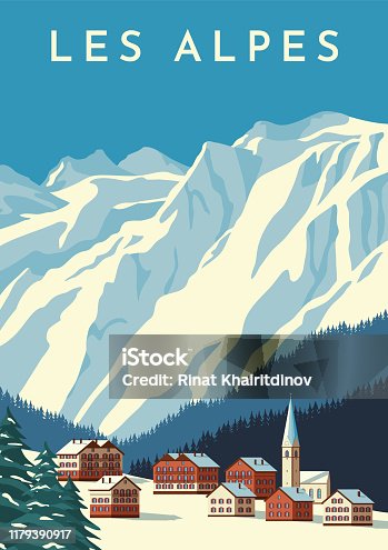 istock Alps travel retro poster, vintage banner. Mountain village of Austria, winter landscape of Switzerland. Flat vector illustration. 1179390917