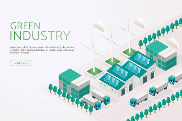stockillustraties, clipart, cartoons en iconen met alternative electric power and renewable energy in green industria. - zonnepanelen warehouse