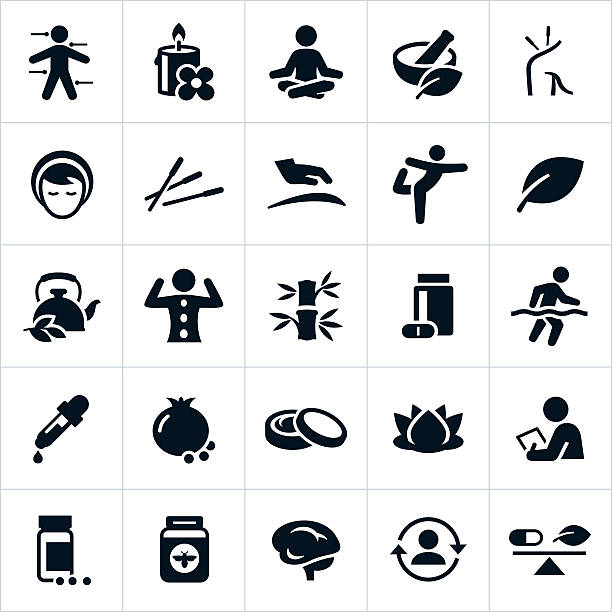 Alternative Medicine Icons Icons related to alternative medicine. The icons include therapies such as homeopathy, naturopathy, hydrotherapy, aromatherapy, meditation, yoga and massage therapy. Symbols used to illustrate these different types of therapies include candles, meditation, organic medicine, acupuncture, spa treatments, message, yoga, natural foods, tea, vitamins, creams, and other related items. yoga icons stock illustrations