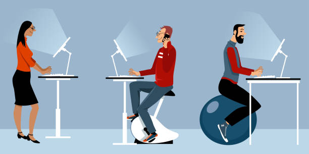 Alternatives to conventional office furniture Modern office with alternative desks, including a bike, exercise ball and standing desk, EPS 8 vector illustration yoga ball work stock illustrations