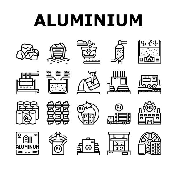 Aluminium Production Collection Icons Set Vector Aluminium Production Collection Icons Set Vector. Processing Of Aluminium Production And Factory, Pressing And Manufacture, Transportation And Carrying Black Contour Illustrations metal icons stock illustrations