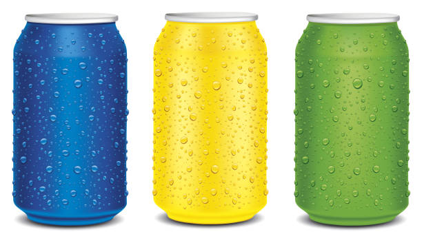 アルミニウム・スズ缶黄色、緑、濃い青色、多くの淡水滴 - 缶点のイラスト素材／クリップアート素材／マンガ素材／アイコン素材