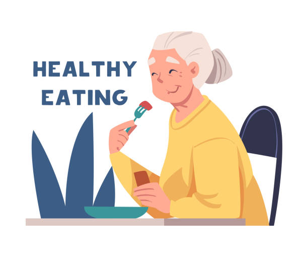 stockillustraties, clipart, cartoons en iconen met alzheimer prevention with elderly woman healthy eating vector illustration - woman eating