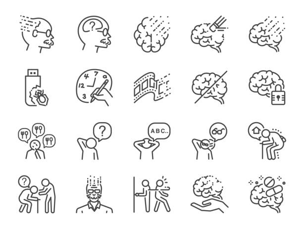 Alzheimer's & Brain Awareness line icon set. Included the icons as Alzheimer, brain disease, Savant syndrome, mental disabilities, Down syndrome and more. Alzheimer's & Brain Awareness line icon set. Included the icons as Alzheimer, brain disease, Savant syndrome, mental disabilities, Down syndrome and more. memories stock illustrations