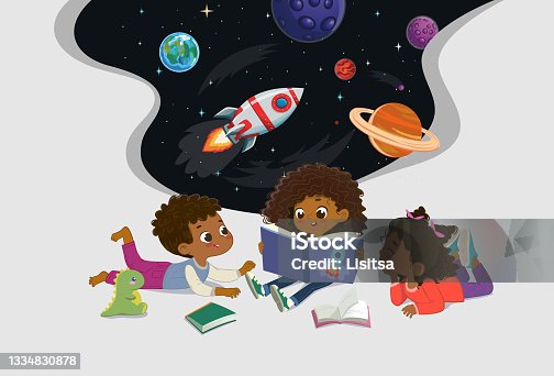 istock Amazed dark skin kids reading fantasy cosmos book together vector illustration. Happy children with storybook imagine open space galaxy travel by spaceship with planets and stars isolated on white 1334830878
