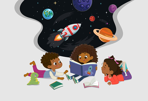Amazed dark skin kids reading fantasy cosmos book together vector illustration. Happy children with storybook imagine open space galaxy travel by spaceship with planets and stars isolated on white