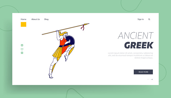 Amazon Character with Shield Prepare to Throw Spear Landing Page Template. Greek Mythological Personage, Woman Warrior