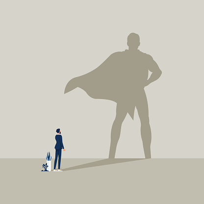 Businessman with superhero shadow, Ambition and business success vector concept, Leadership super hero in business, motivation leader superhero illustration