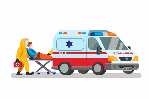 Ambulance 911 Emergency Car With Doctor Wear Hazmat Suit Carrying Patient  To Hospital Concept In Cartoon Illustration Vector Isolated In White  Background Stock Illustration - Download Image Now - iStock
