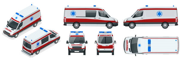 Ambulance Car. An emergency medical service, administering emergency care to those with acute medical problems. Ambulance Car. An emergency medical service, administering emergency care to those with acute medical problems. Side view, top, roof, rear, front, isometric ambulance stock illustrations