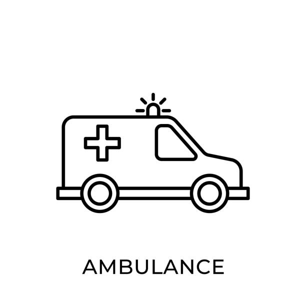 救護車圖示向量插圖。救護車向量圖示範本。救護車圖示設計隔離在白色背景上。救護車向量圖示平面設計的網站, 標誌, 標誌, 符號, 應用程式, ui. - 緊急標誌 幅插畫檔、美工圖案、卡通及圖標