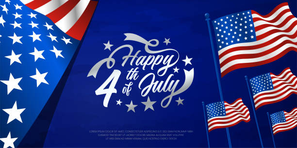 usa, america happy 4th of july custom hand-lettering, typography design with stars on blue, usa, united states of american waving flag banner background, poster, sale banner, discount banner, web banner, greeting card, etc. - july 4 幅插畫檔、美工圖案、卡通及圖標