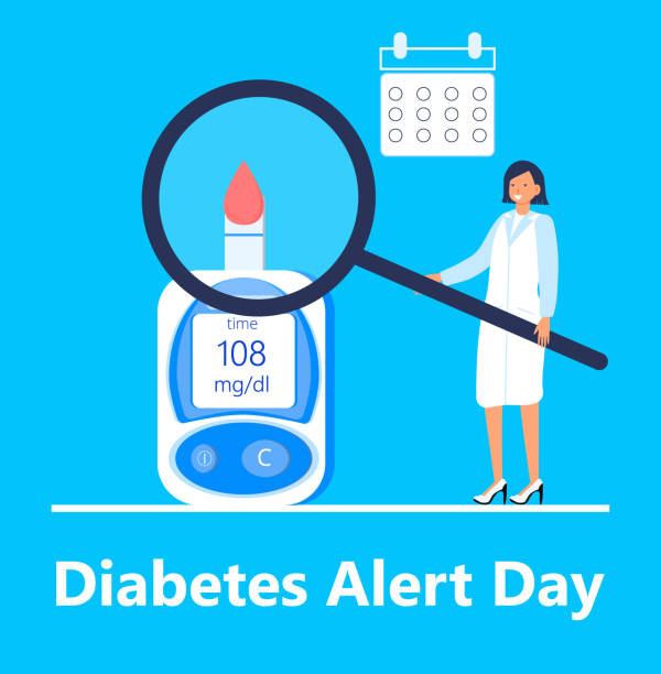 American Association Diabetes Alert Day concept vector in flat style. Event is observed annually on the fourth Tuesday in March. Doctor and glucose meter American Association Diabetes Alert Day concept vector in flat style. Event is observed annually on the fourth Tuesday in March. Doctor and glucose meter are shown diabetes awareness stock illustrations