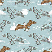 istock American Bald Eagle Soaring in Sky Seamless Pattern. Vector Blue Background with Birds of Prey. 1356497528