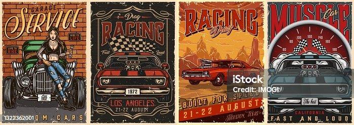 istock American custom cars vintage colorful posters 1322362001