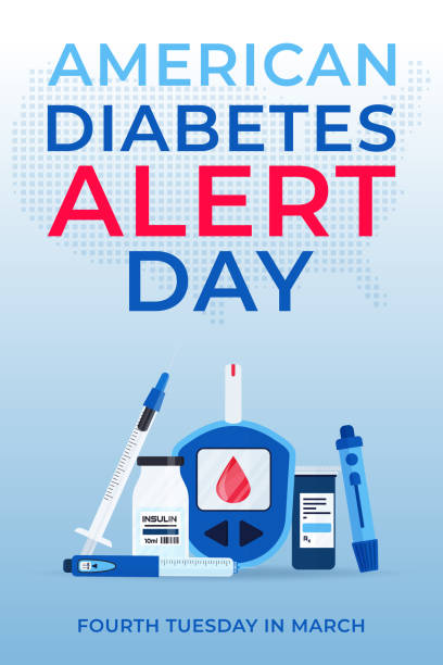 American Diabetes Alert Day banner with insulin pen, glucometer, lancets, test strips and syringe. Celebrate annual on Fourth Tuesday in March. Concept of awareness diabetes American Diabetes Alert Day banner or flyer with insulin pen, glucometer, lancets, test strips and syringe. Celebrate annual on Fourth Tuesday in March. Concept of awareness diabetes and fight against diabetes. diabetes awareness stock illustrations