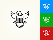 American Eagle and Shield Black Stroke Linear Icon. This royalty free vector illustration is featuring a black outline linear icon on a light background. The stroke is editable and the width of the line can be easily adjusted. The icon can also be converted to have a black fill color. The download includes 3 additional versions of this icon on blue, green and red background.
