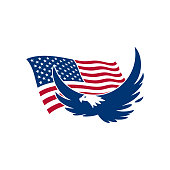 USA flag and eagle soaring isolated on white