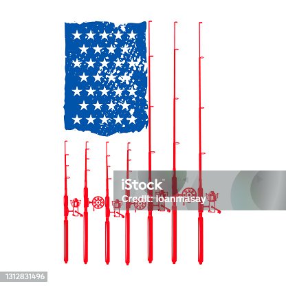 istock American fisherman. American flag with fishing rods. Design element for poster, card, banner, t shirt. Vector illustration 1312831496