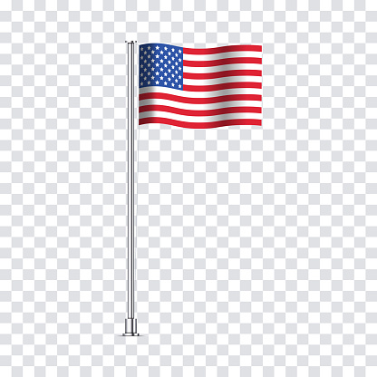 American flag isolated on transparent background. Waving USA flag on a metallic pole. Realistic vector illustration.