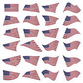 American flag set.American flag blowing in the wind.Vector illustration