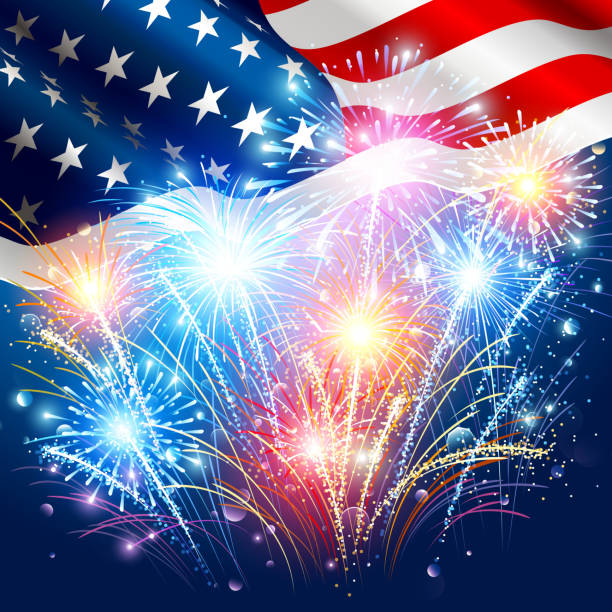 ilustraciones, imágenes clip art, dibujos animados e iconos de stock de bandera americana con fuegos artificiales de colores - fourth of july fireworks