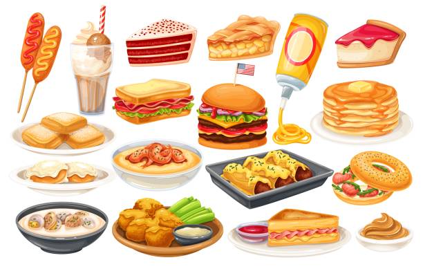American food icon American food vector icon. Corn dog, clam chowder, biscuits and gravy, apple pie, blt, sandwich and buffalo wings. Red velvet cake, grits, monte cristo sandwich, pancakes, maple, spray cheese and ets apple pie stock illustrations