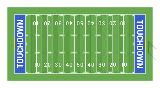 American football field with goals. Top view.
