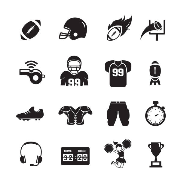 American Football Icons American Football Icons, Set of 16 editable filled, Simple clearly defined shapes in one color, Vector soccer icons stock illustrations