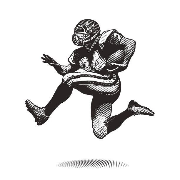 American Football Player Running Engraving illustration of an American Football Running Back Scoring Touchdown football clipart black and white stock illustrations