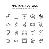 American football, rugby vector flat line icons. Sport game elements - ball, field, player, helmet, fan finger, snacks. Linear signs set, championship pictogram for fan store. Pixel perfect 64x64.