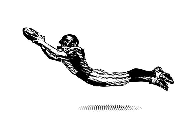 American Football Wide Receiver making great catch Engraving illustration of an American Football Wide Receiver making great catch black and white football stock illustrations