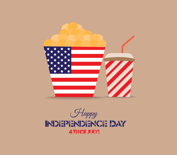 american independence day.  4th july party american independence day, celebration, patriotism and holidays concept - close up of juice glass or mason jar, popcorn and candies with stars confetti decoration at 4th july party national popcorn day stock illustrations