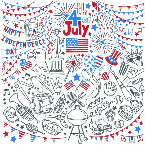 American Independence Day doodle set. USA national symbols of July 4th. Festival decoration, holiday activities, food and drinks. Hand drawn vector illustration isolated on white background fourth of july fireworks stock illustrations