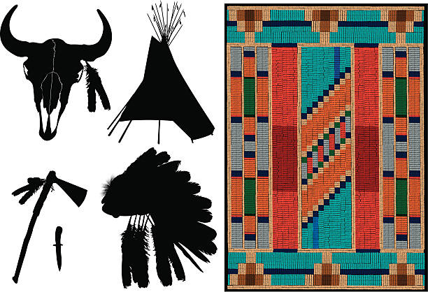 American Indian - Teepee, Headdress, Tomahawk Tight graphic silhouettes of American Indian Teepee, Headdress, Tomahawk. Indian tapestry - beading. Use as a colorful background and reverse out the silhouettes. Check out my "Americana" light box for more. bead stock illustrations