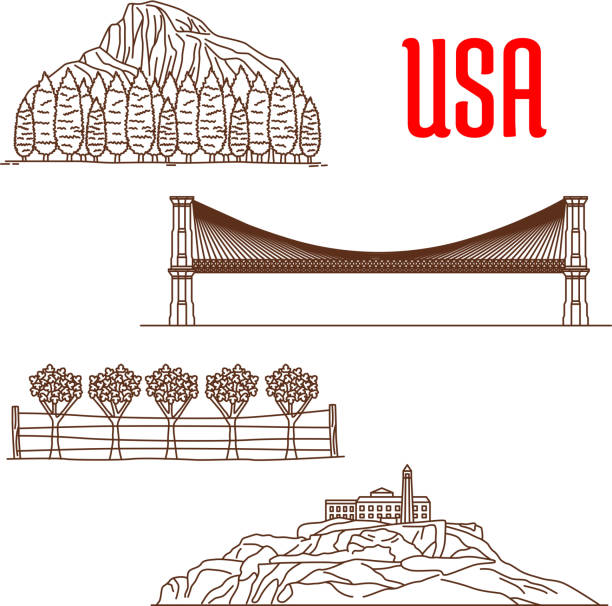 American nature landmarks and sightseeing symbols American nature landmarks and sightseeing symbols of Yosemite National Park, Napa Valley Viticultural Area, Brooklyn Bridge, Alcatraz Island. US architecture and and national showplaces icons for souvenirs, travel map elements alcaraz stock illustrations