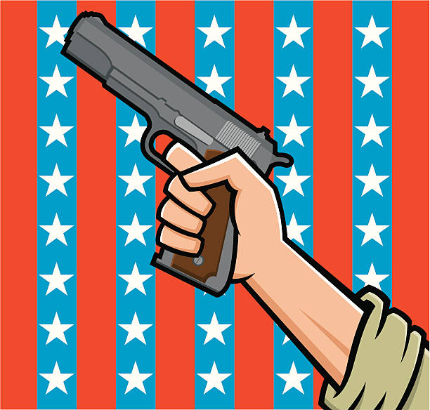 American Pistol Vector Illustration of a fist holding a pistol in front of American stars and stripes. nra stock illustrations