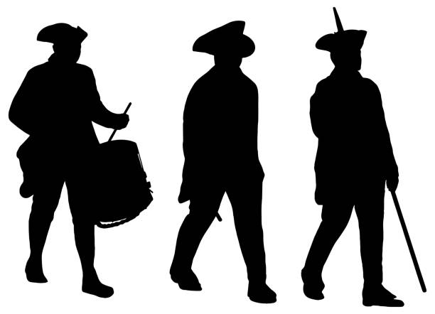 American Revolution soldiers marching Silhouette of three revolutionary soldiers marching infantry stock illustrations