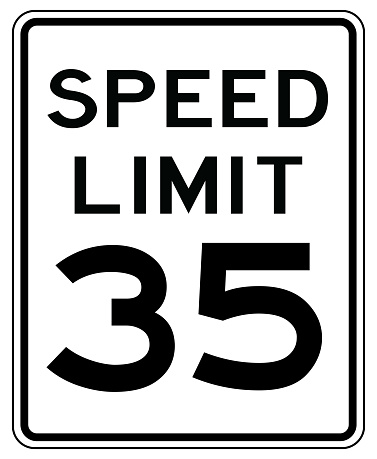 American road sign in the United States of America: speed limit at 35 mp / h- speed limited to thirty five miles per hours