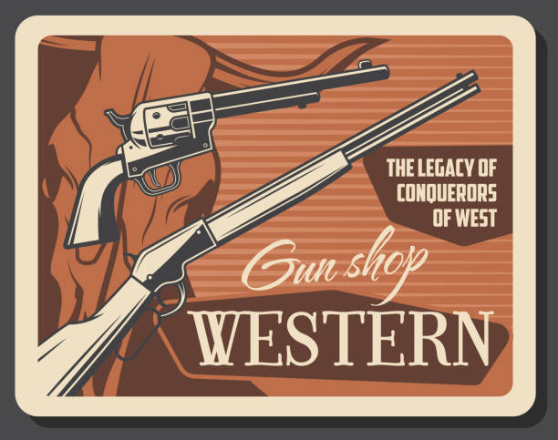 amerikan western, cephane silah ve tüfek dükkanı - texas shooting stock illustrations