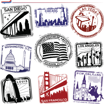 Series of stylized retro/vintage passport style stamps from different American cities.