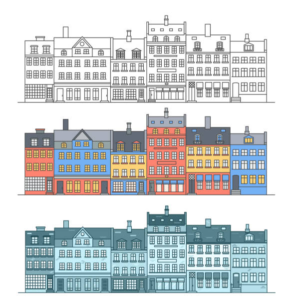 stockillustraties, clipart, cartoons en iconen met amsterdam buildings skyline. linear colored cityscape with various row houses. outline illustration with old dutch buildings. - nederland rijtjeshuis