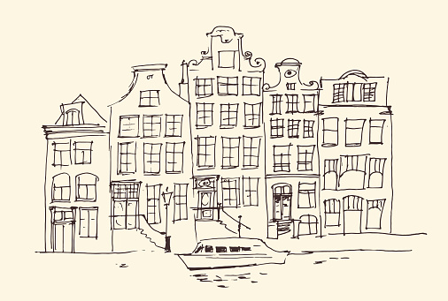 Amsterdam, city architecture, vintage engraved illustration, hand drawn