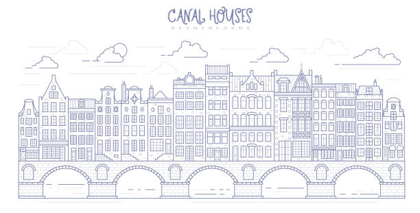 stockillustraties, clipart, cartoons en iconen met amsterdam old style houses. typical dutch canal homes lined up near a canal in the netherlands. building and facades on bridge. vector outline illustration. - nederland rijtjeshuis