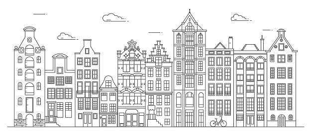 Amsterdam old style houses. Typical Dutch canal houses lined up near a canal in the Netherlands. Building and facades for Banner or poster. Vector line art illustration.