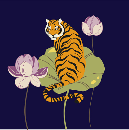 Amur tiger sitting on lotus isolated on white background. Vector tiger side view. Endangered animal