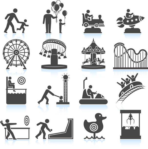 amusement park and Carnival black & white vector icon set amusement park and Carnival black and white royalty free vector interface icon set. This editable vector file features black interface icons of fun carnival and amusement park summer activities. The top row has father and child, balloons, toy train and rocket rides. carousel horse stock illustrations