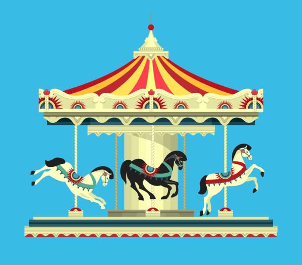 Amusement park carousel Vector illustration, Carousel with horses at the amusement fair and circus performances of carnival shows on a blue background horse clipart stock illustrations